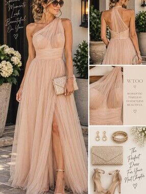 Wtoo One-Shoulder Dusty Blush Tulle Gown